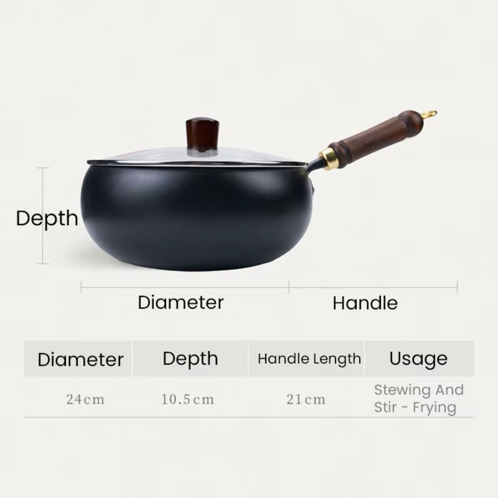 Refined Iron Big Pot Belly Uncoated Pan With Glass or Wooden Lid - Even Heat Frying Kitchen Cookware