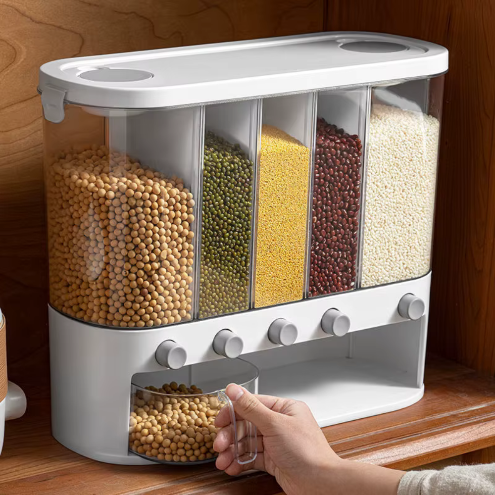 Multi-Compartment Airtight Grain Storage Container, Kitchen Dispenser Pantry Organiser