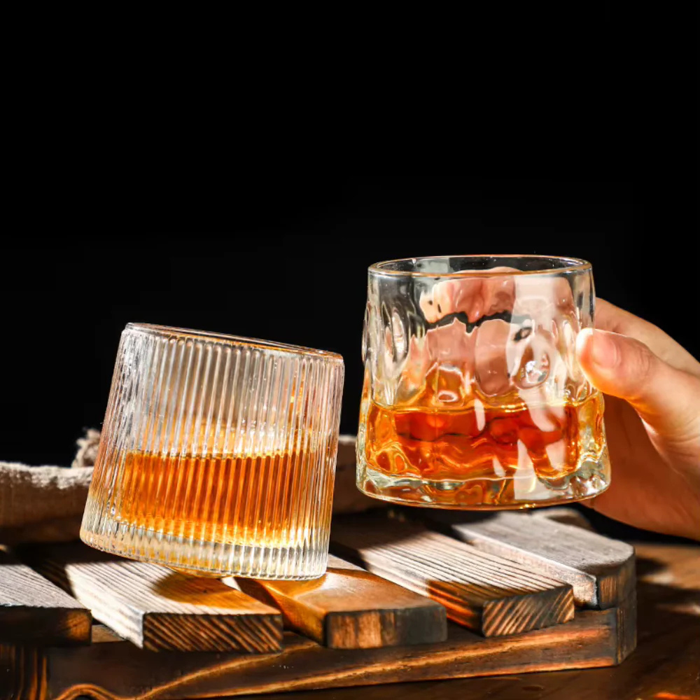 Spinning Whiskey Glass with Wooden Base - Three Glass Styles