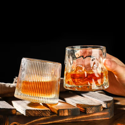 Spinning Whiskey Glass with Wooden Base - Three Glass Styles