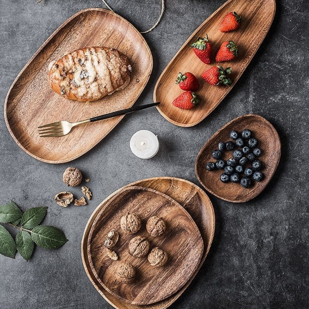 Acacia Wood Serving Tray - Raised Edge Wooden Tray