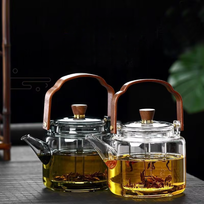 High Borosilicate Glass Brew Teapot Kettle With Wide Wooden Handle - Boiling Water Tea Infuser Kettle