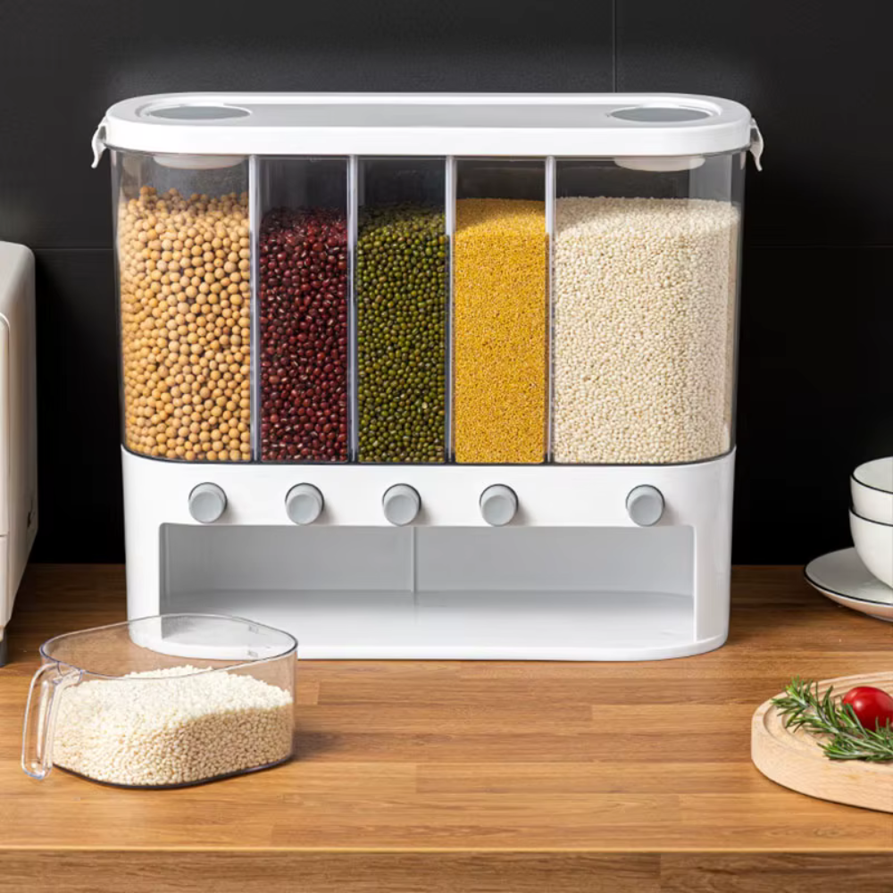 Multi-Compartment Airtight Grain Storage Container, Kitchen Dispenser Pantry Organiser