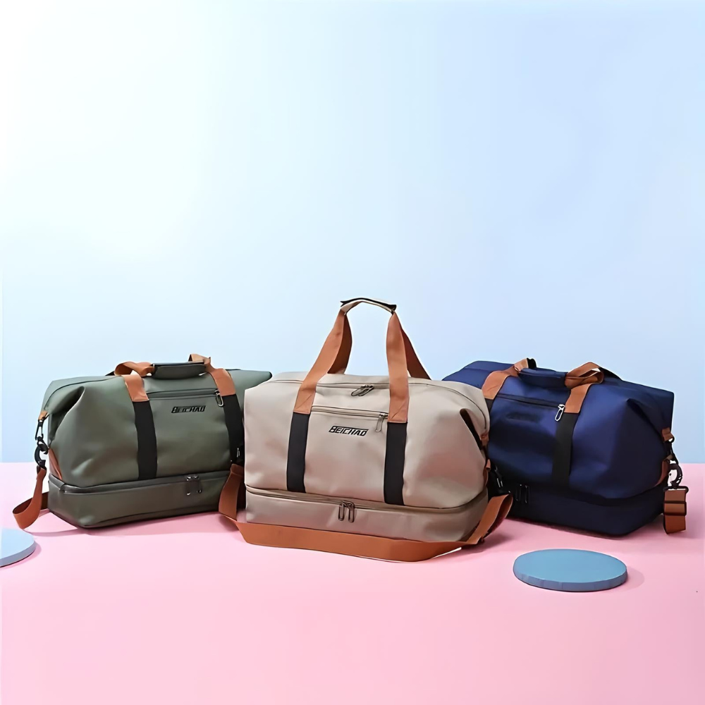 Travel Duffle Bag with Shoe Compartment, Wet Dry Separator and Trolley Strap