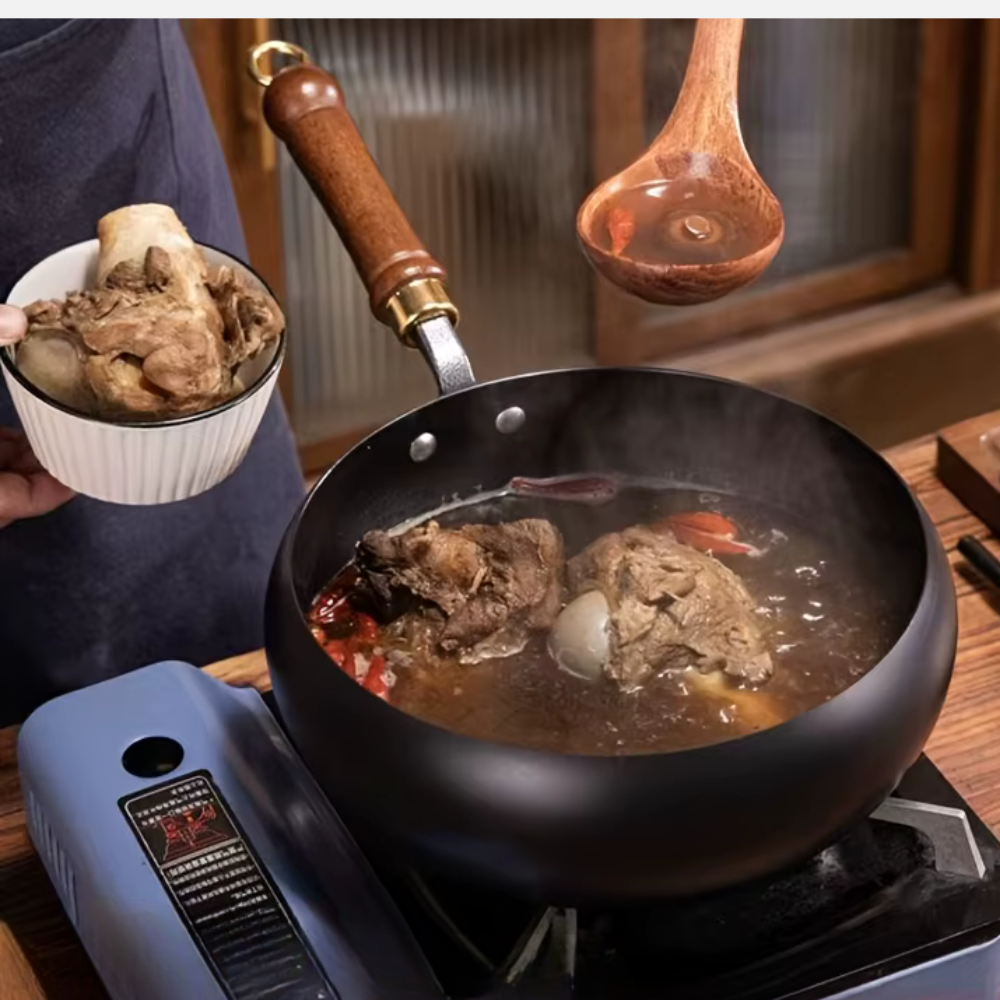 Refined Iron Big Pot Belly Uncoated Pan With Glass or Wooden Lid - Even Heat Frying Kitchen Cookware