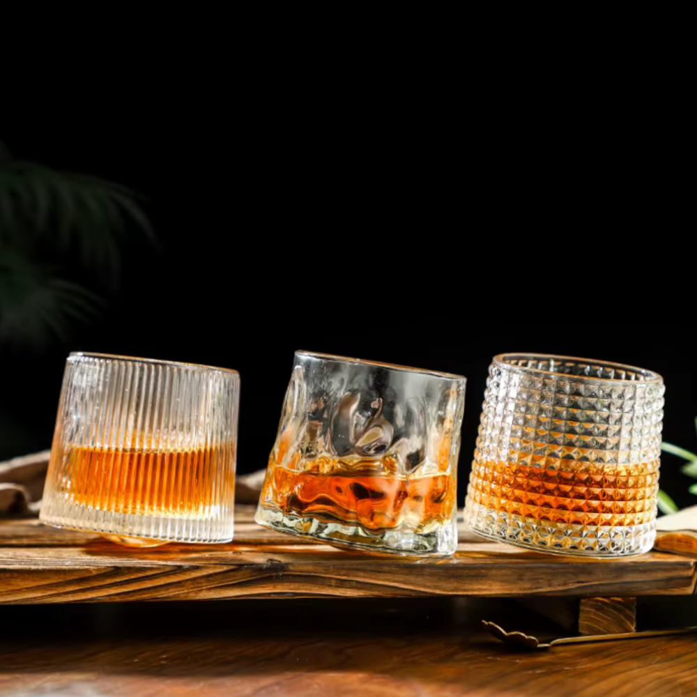 Spinning Whiskey Glass with Wooden Base - Three Glass Styles