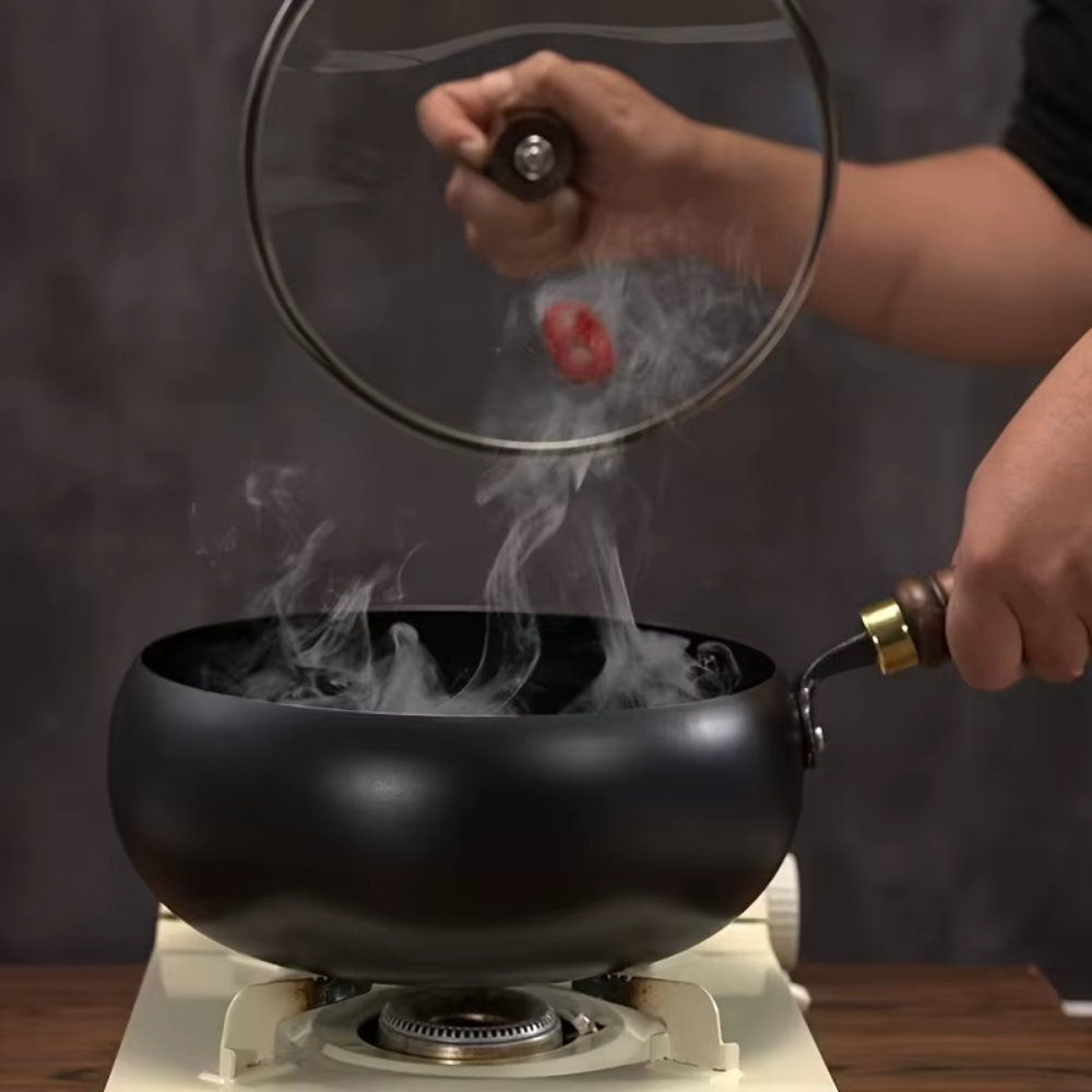Refined Iron Big Pot Belly Uncoated Pan With Glass or Wooden Lid - Even Heat Frying Kitchen Cookware