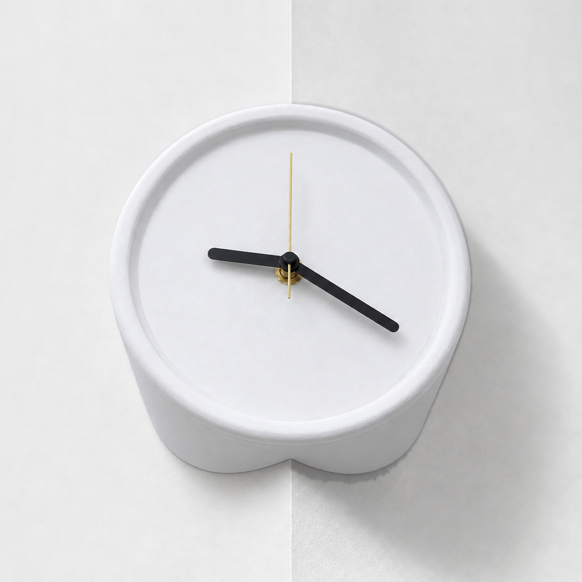 White corner wall clock for outside corners, mounted on a wall edge, black hands and gold second hand