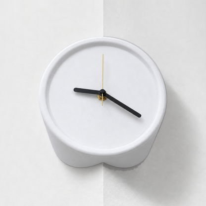 White corner wall clock for outside corners, mounted on a wall edge, black hands and gold second hand