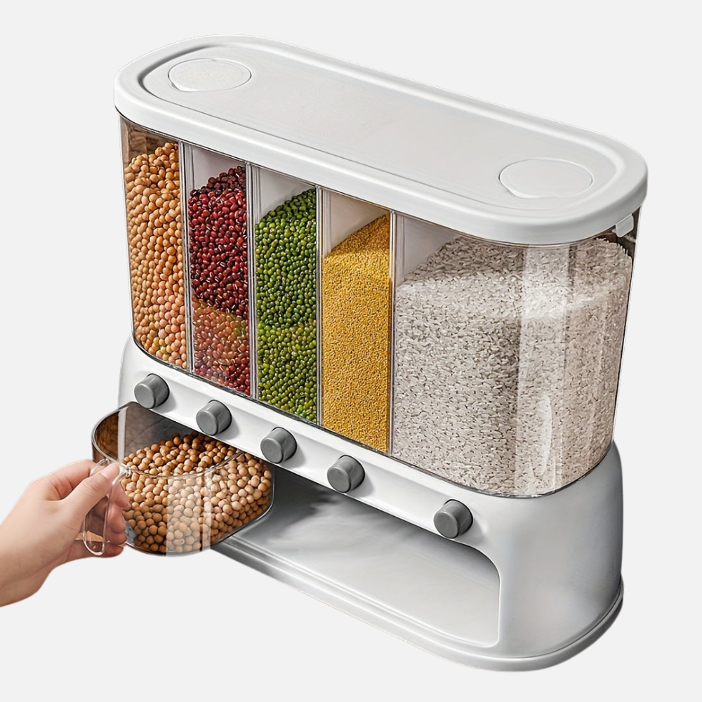 Multi-Compartment Airtight Grain Storage Container, Kitchen Dispenser Pantry Organiser