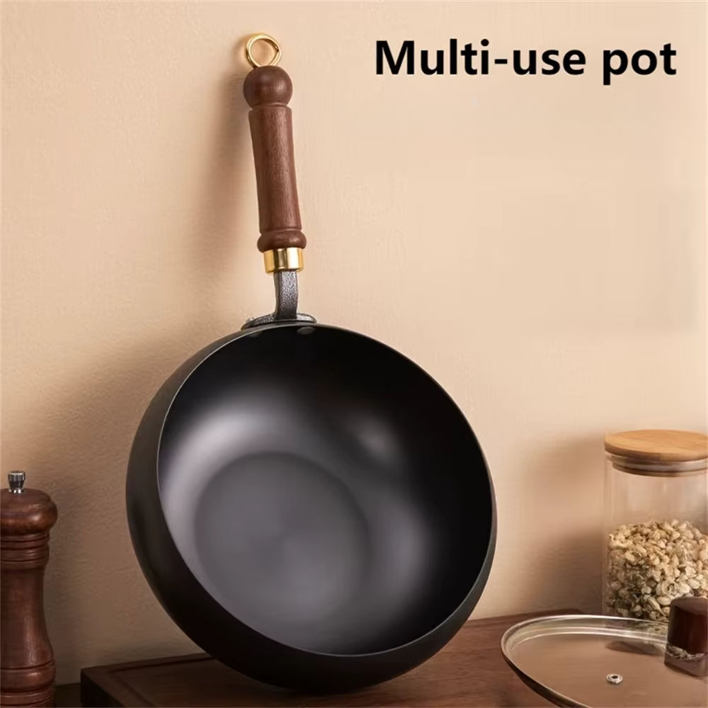 Refined Iron Big Pot Belly Uncoated Pan With Glass or Wooden Lid - Even Heat Frying Kitchen Cookware