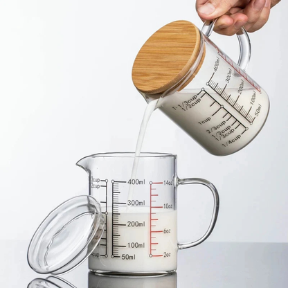 High Borosilicate Glass Measuring Cup, Cooking Measuring Cup - Glass Cups with Lid, Glass Lid and Bamboo Lid