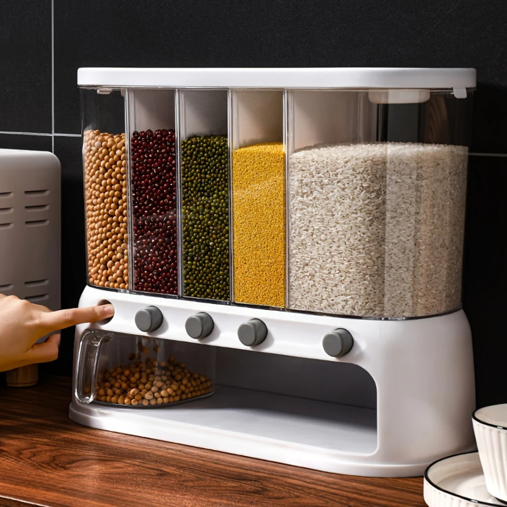 Multi-Compartment Airtight Grain Storage Container, Kitchen Dispenser Pantry Organiser