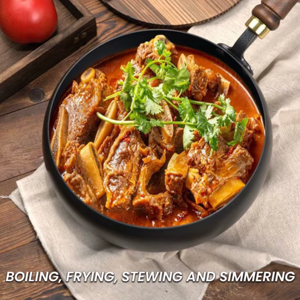 Refined Iron Big Pot Belly Uncoated Pan With Glass or Wooden Lid - Even Heat Frying Kitchen Cookware