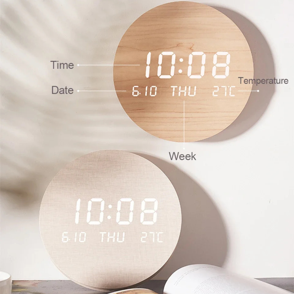 Digital Wall Clock with LED Display and Rechargeable Battery - 7.68" Diameter