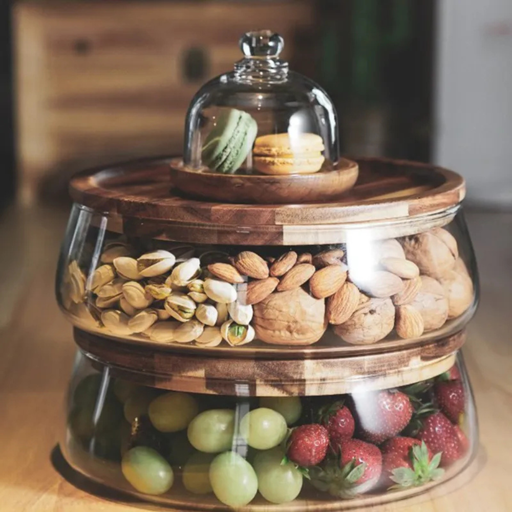 Wooden Food Container with Borosilicate Glass and Acacia Wood Lid