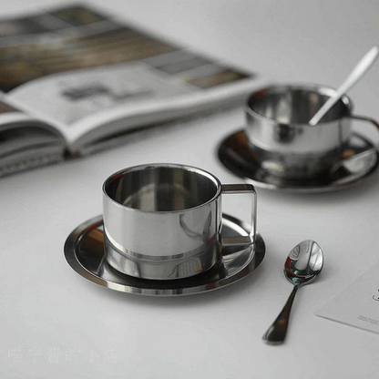 Stainless Steel Coffee Cup With Matching Saucer