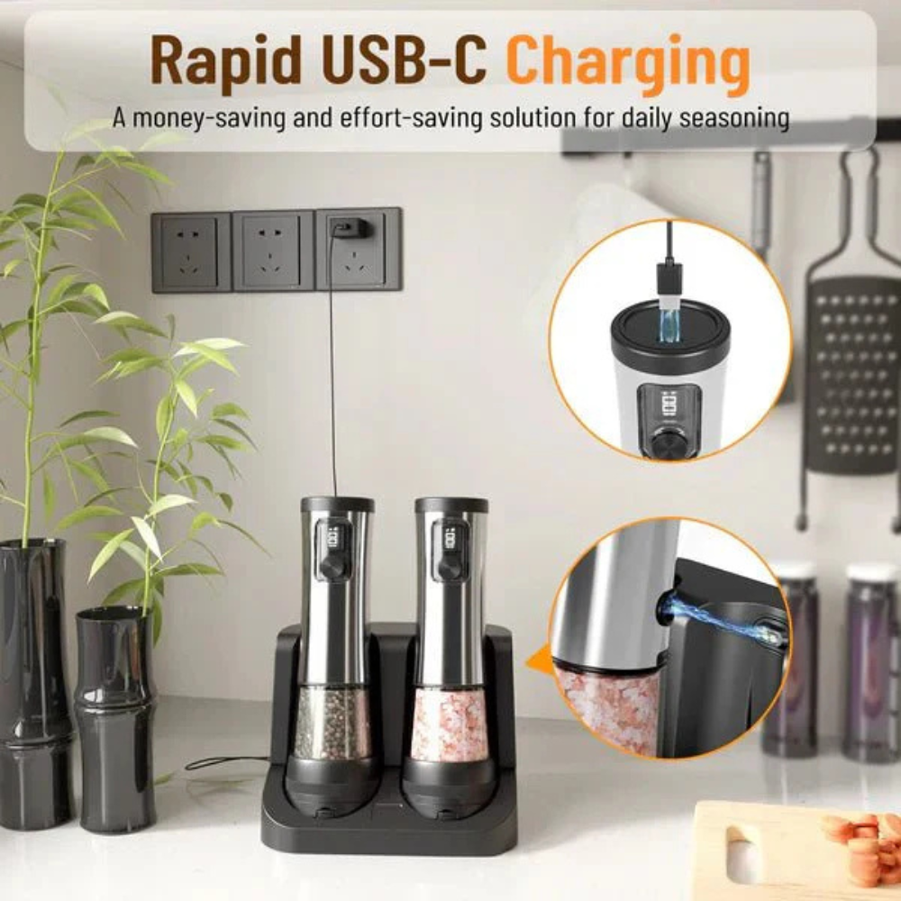 Salt & Pepper Shaker Set with Rechargeable Base and Adjustable Grind