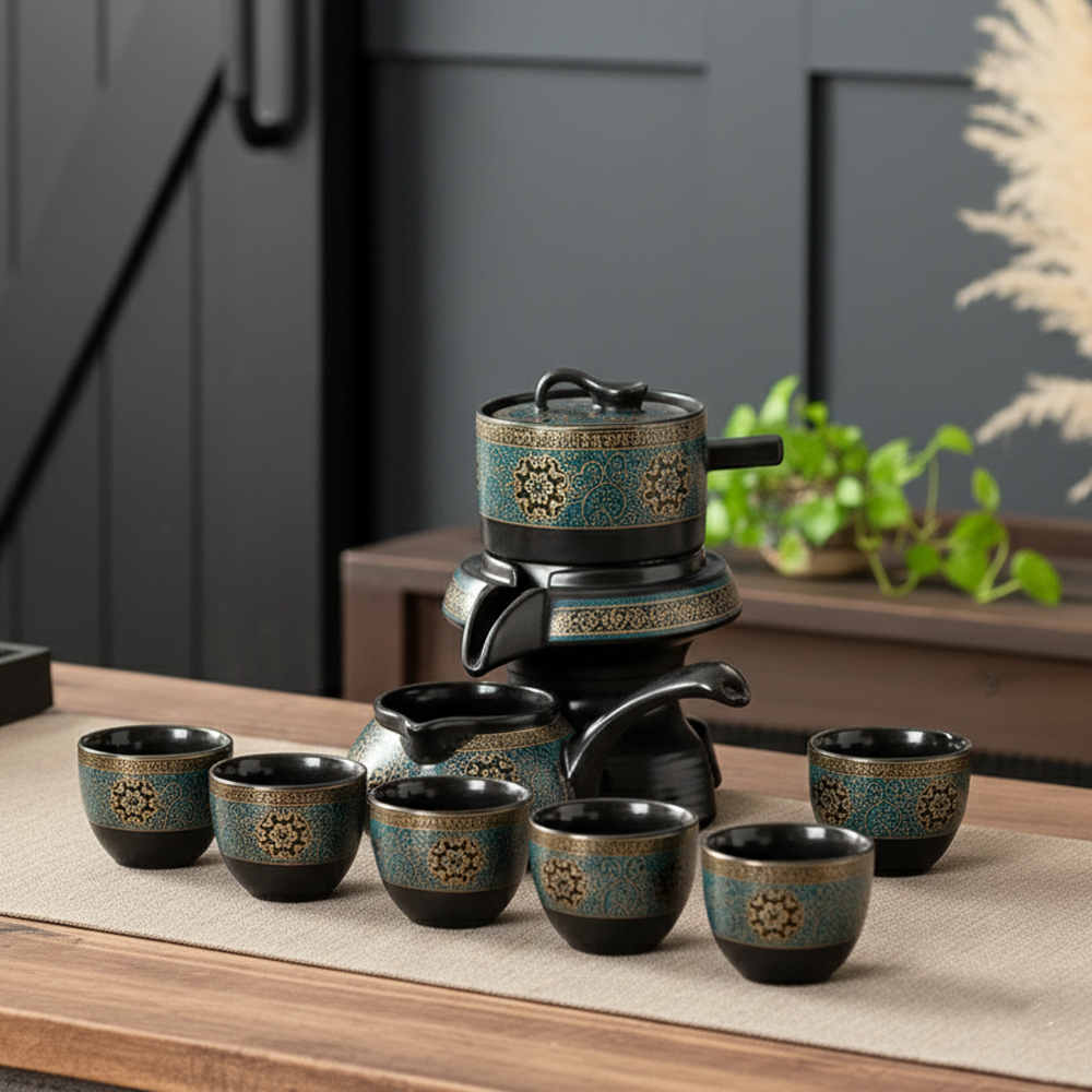 Tea Set with Rotating Stone Mill Ceramic Brewer, Pitcher and Six Cups