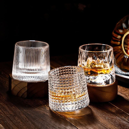 Spinning Whiskey Glass with Wooden Base - Three Glass Styles