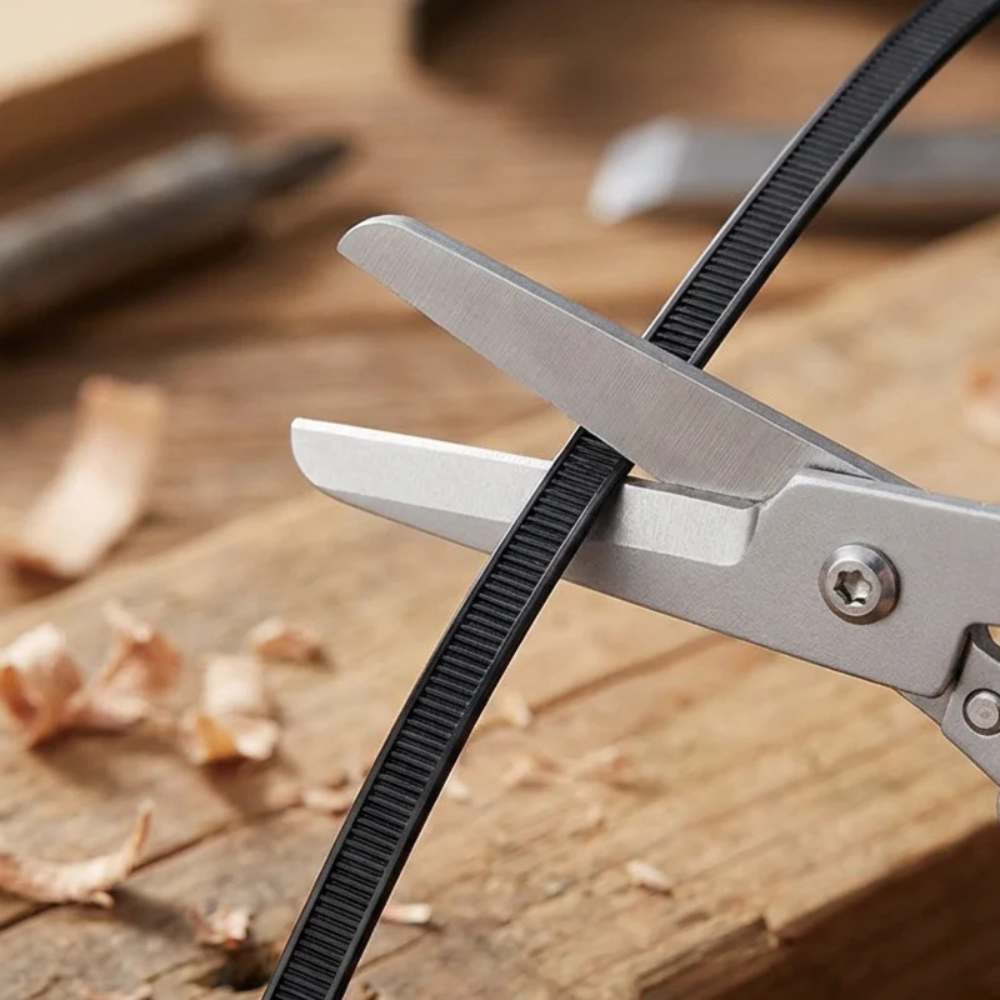 Close up of the stainless steel blades cutting through a black cable tie on a workbench.