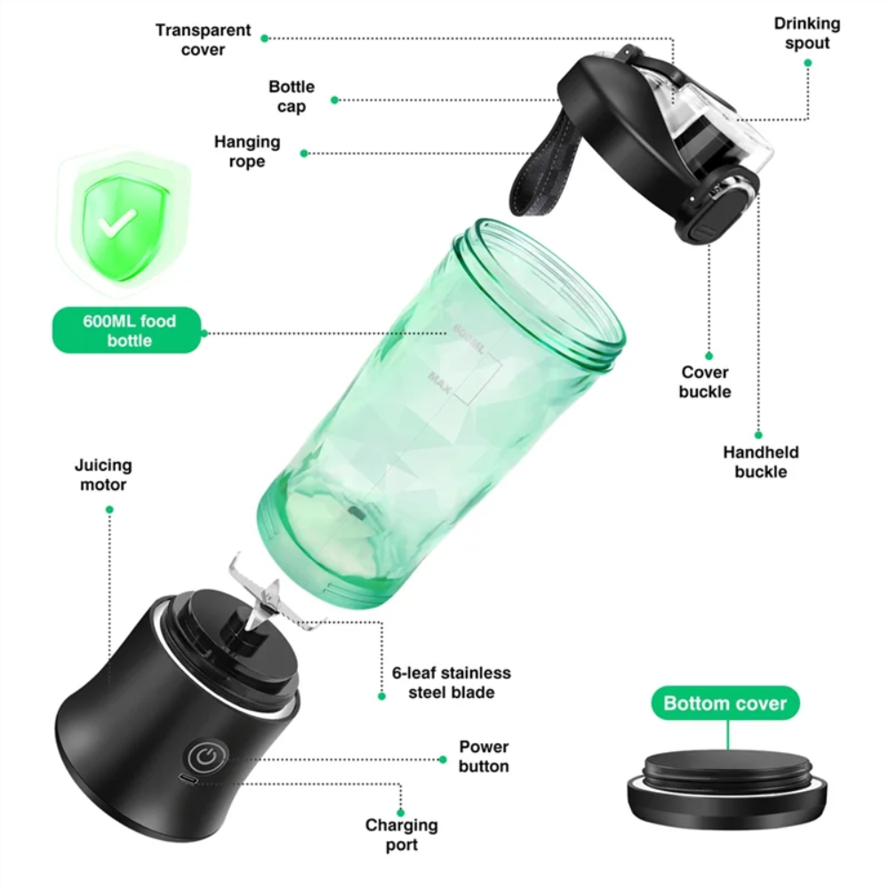 Smoothie Blender 2 in 1 Portable Electric Juicer and Mixer with 6 Blades