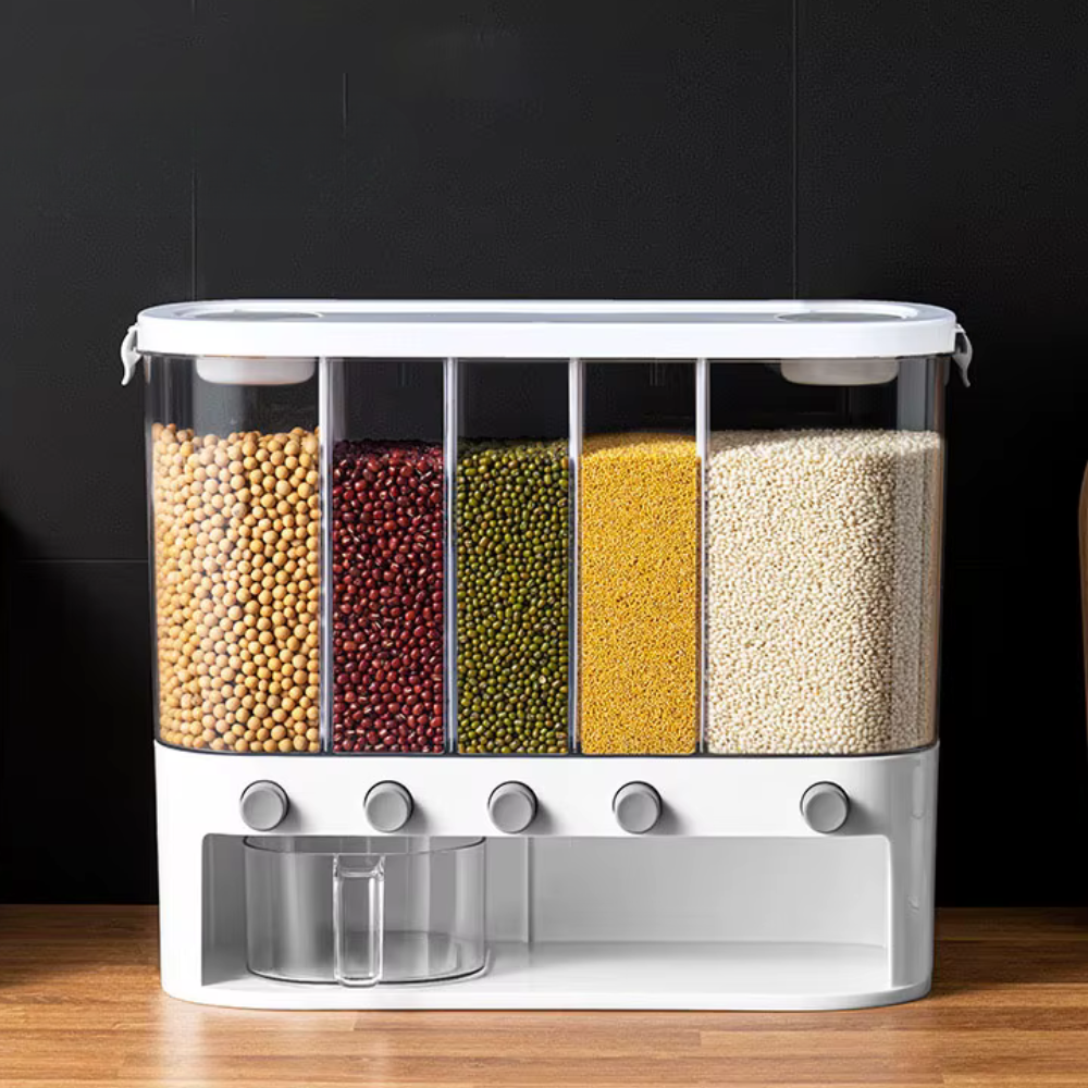 Multi-Compartment Airtight Grain Storage Container, Kitchen Dispenser Pantry Organiser