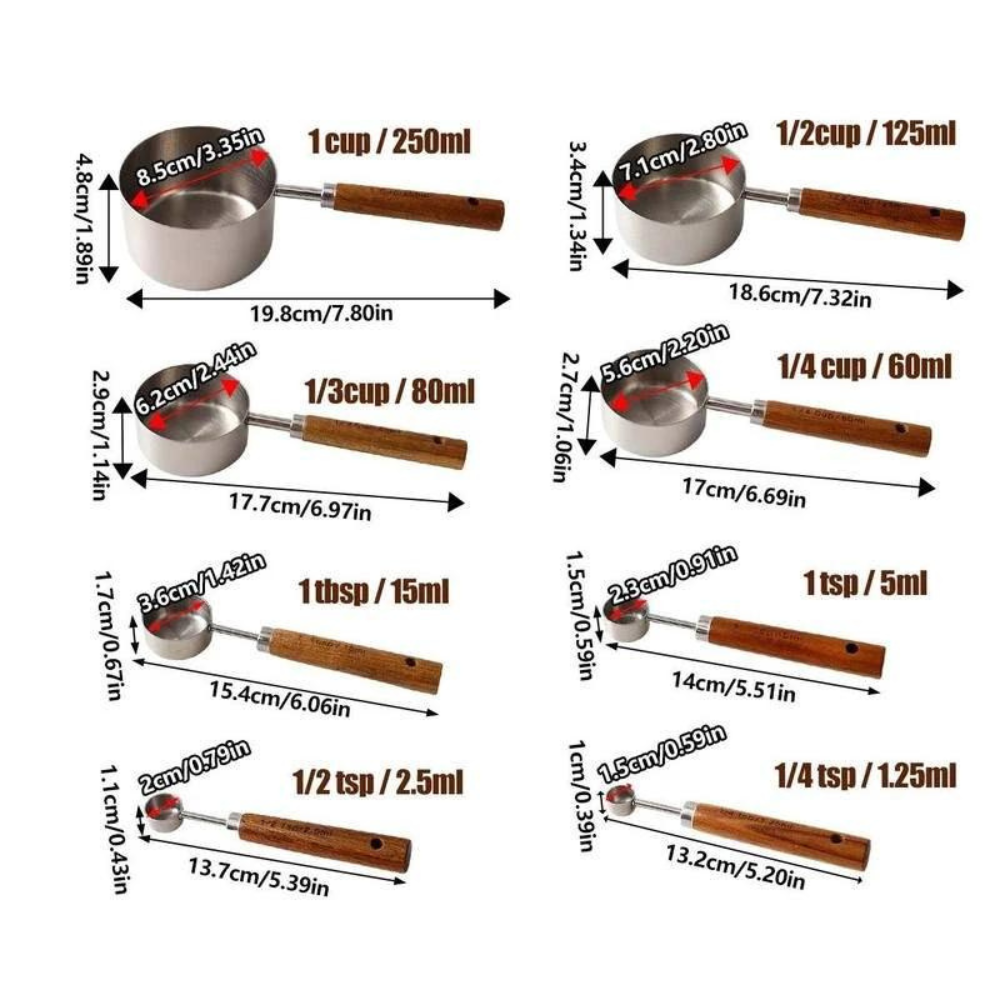 Measuring Spoons Stainless Steel and Wood 8 pcs Utensil Set