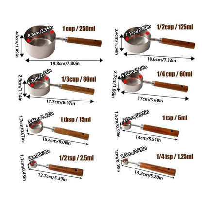 Measuring Spoons Stainless Steel and Wood 8 pcs Utensil Set