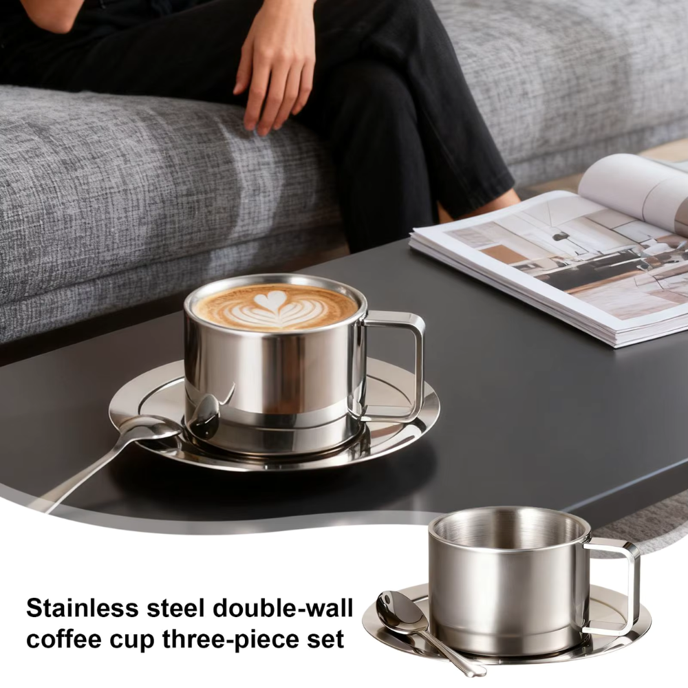 Stainless Steel Coffee Mug Set Double Wall Insulated Cup with Saucer and Spoon