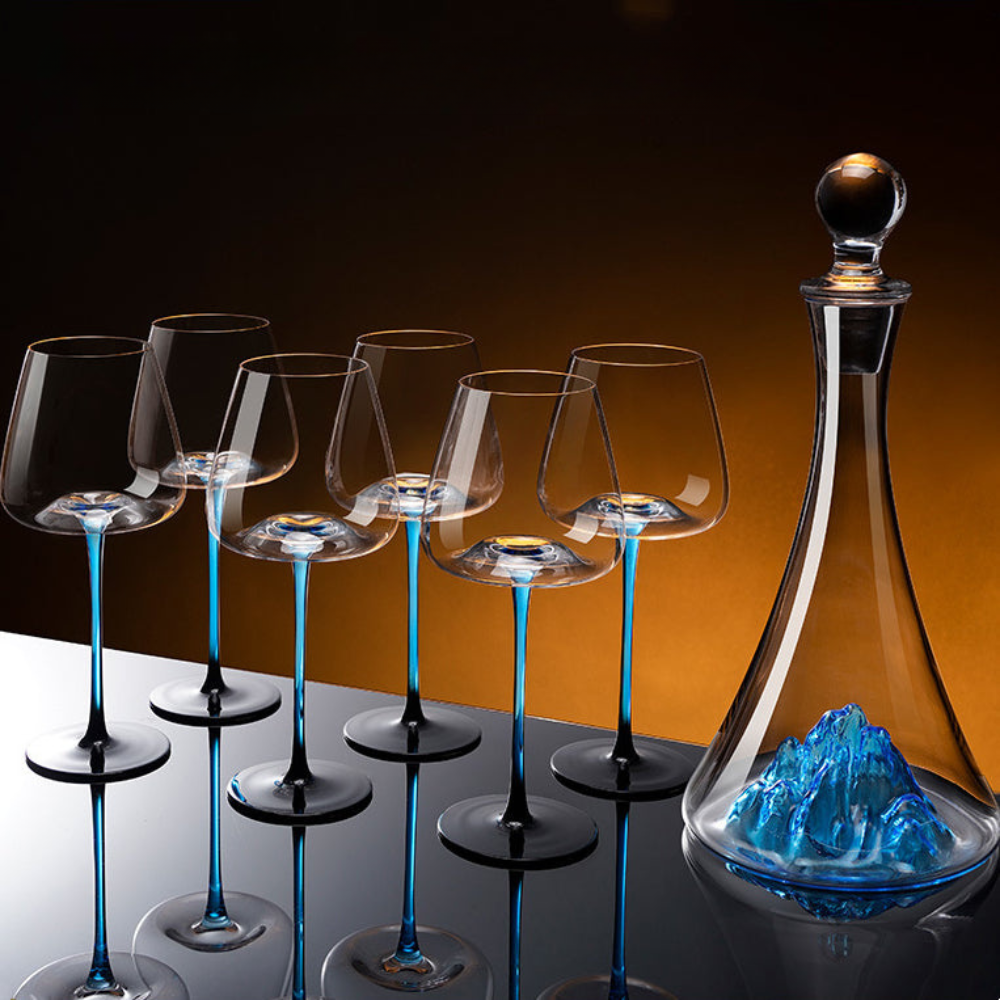 Blue Mountain Glass Wine Decanter With Blue Stem Burgundy Wine Glass Set