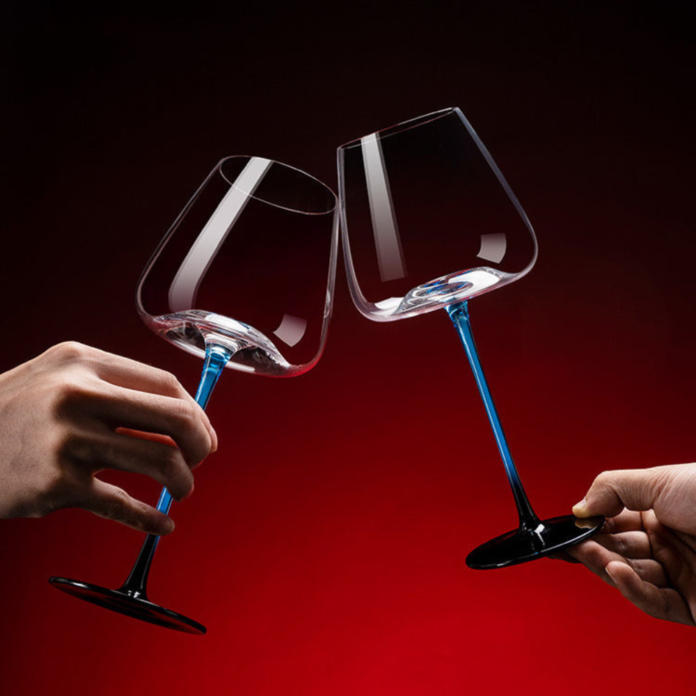 Blue Mountain Glass Wine Decanter With Blue Stem Burgundy Wine Glass Set