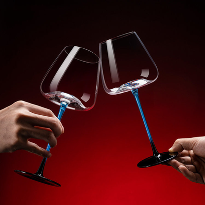 Blue Mountain Glass Wine Decanter With Blue Stem Burgundy Wine Glass Set