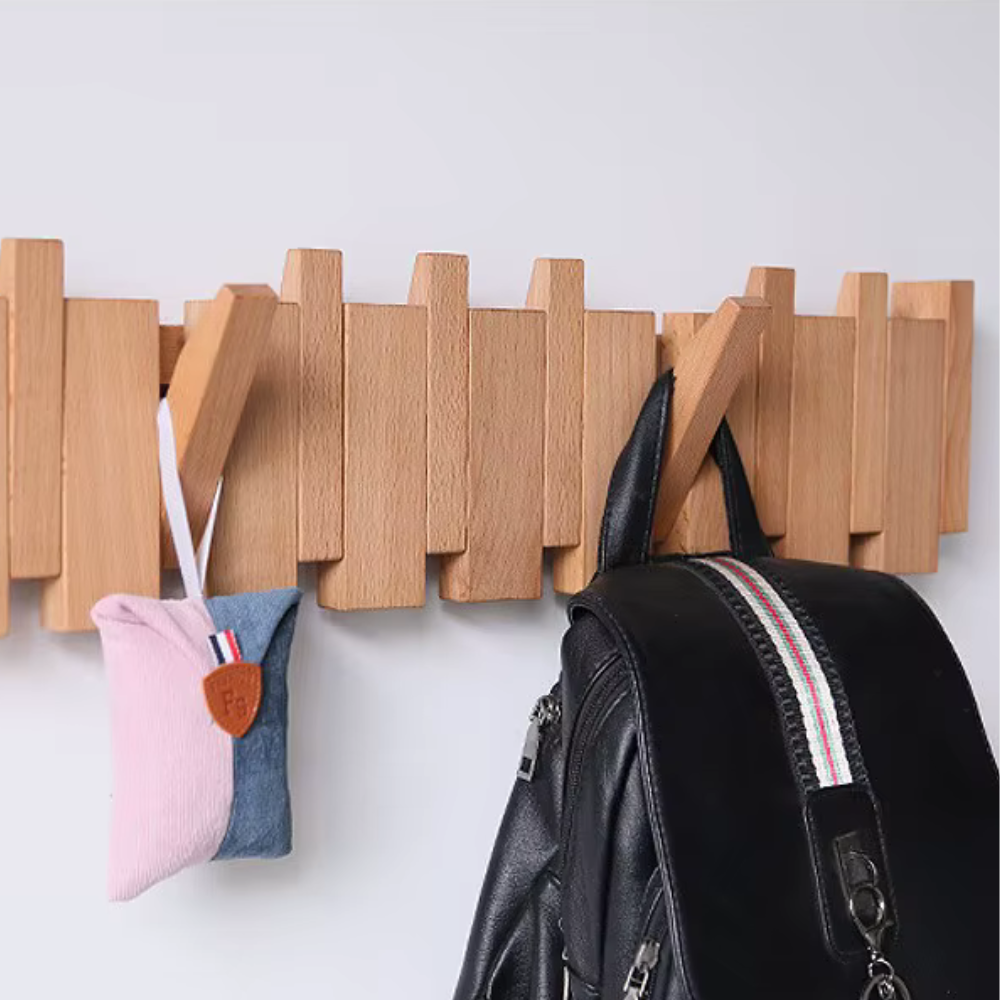 Wooden Folding Wall Coat & Hat Rack With Magnetic Hooks - Multiple Size Racks From 4 Hooks To 8 Hooks