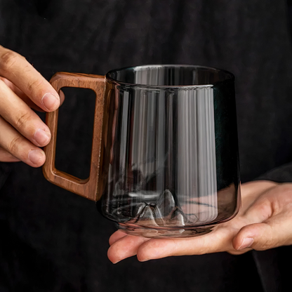 Shadow Glass Tea & Coffee Cup With Rustic Wooden Handle