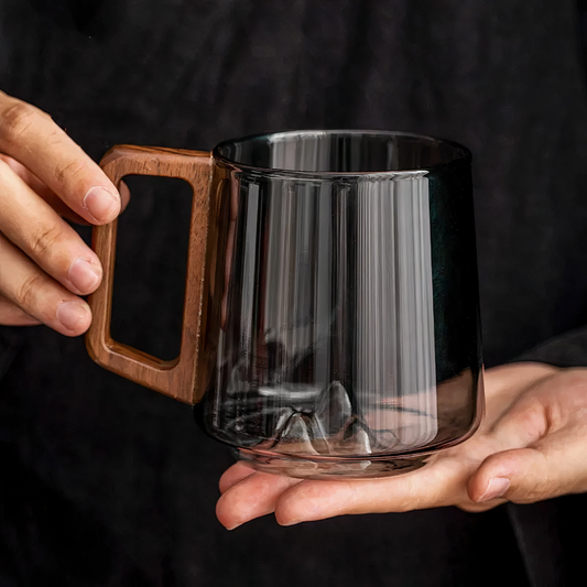 Shadow Glass Tea & Coffee Cup With Rustic Wooden Handle