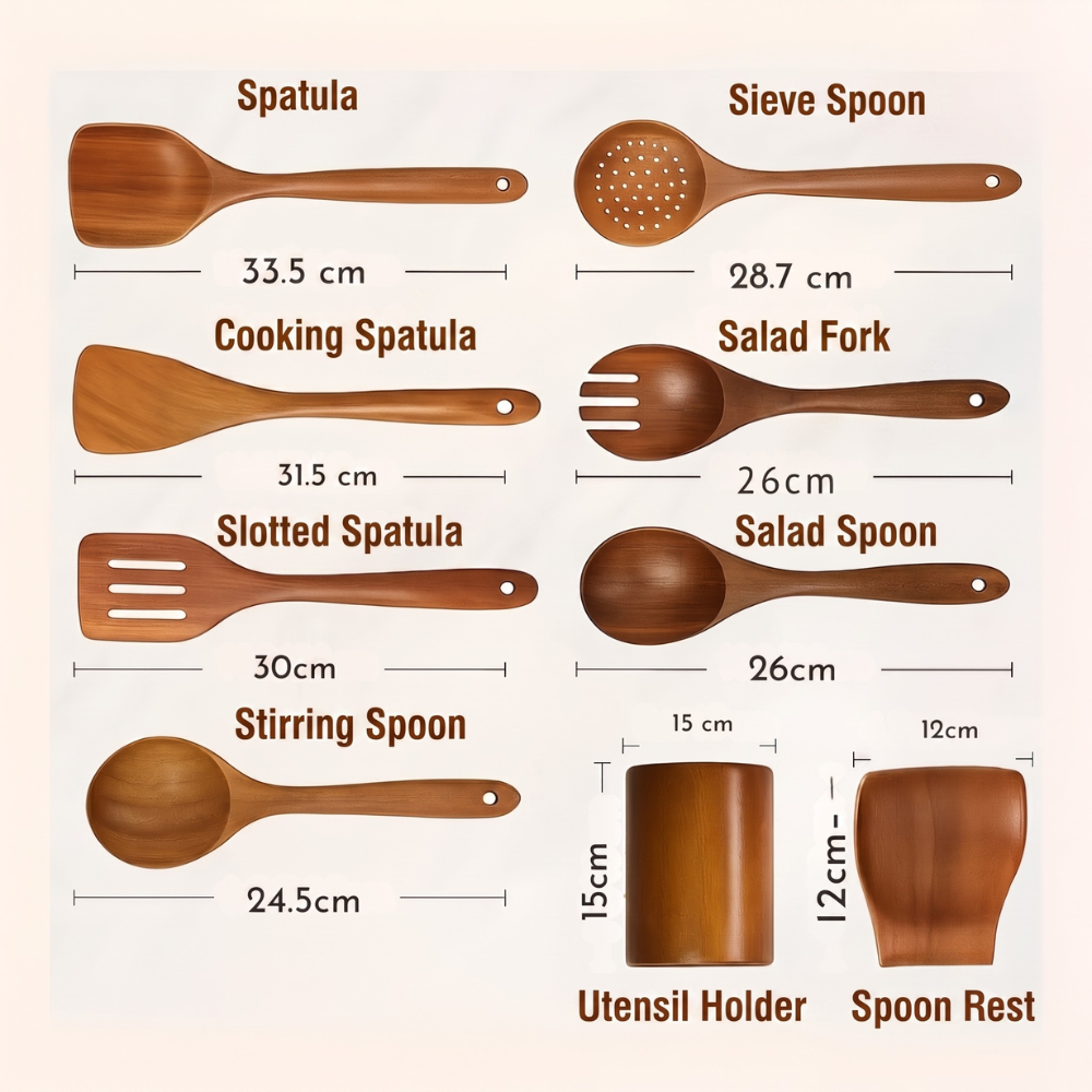 Kitchen Utensils with Holder - 9 Piece Teak Wood Cooking Spoon Set
