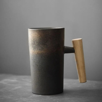 Ceramic Coffee Cup with Natural Wooden Handle - Japanese Style Mug