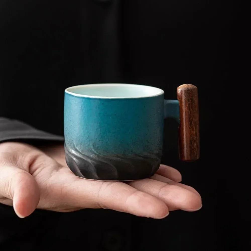 Retro Double Espresso Ceramic Cups with Wooden Handle