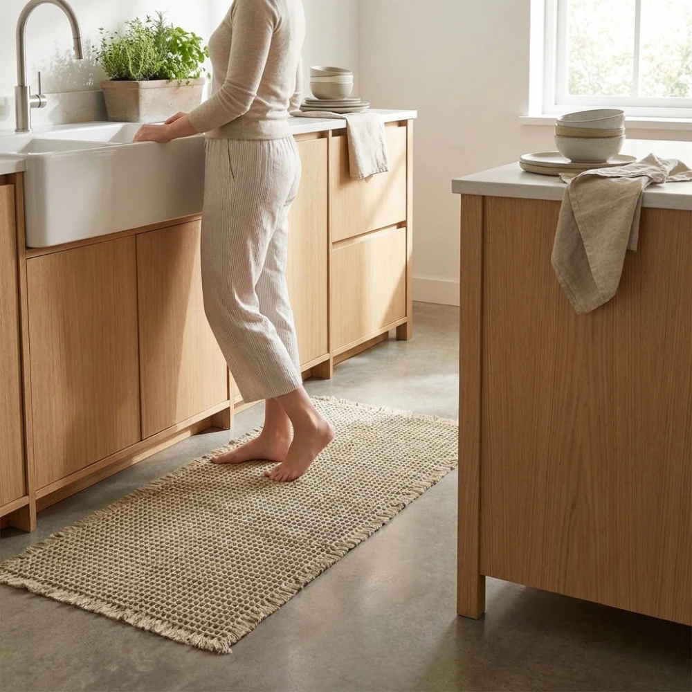 Beige waffle weave bath mat with fringed ends on reclaimed pine floorboards in a rustic kitchen, someone standing barefoot on it at a white butler sink