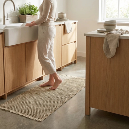Beige waffle weave bath mat with fringed ends on reclaimed pine floorboards in a rustic kitchen, someone standing barefoot on it at a white butler sink