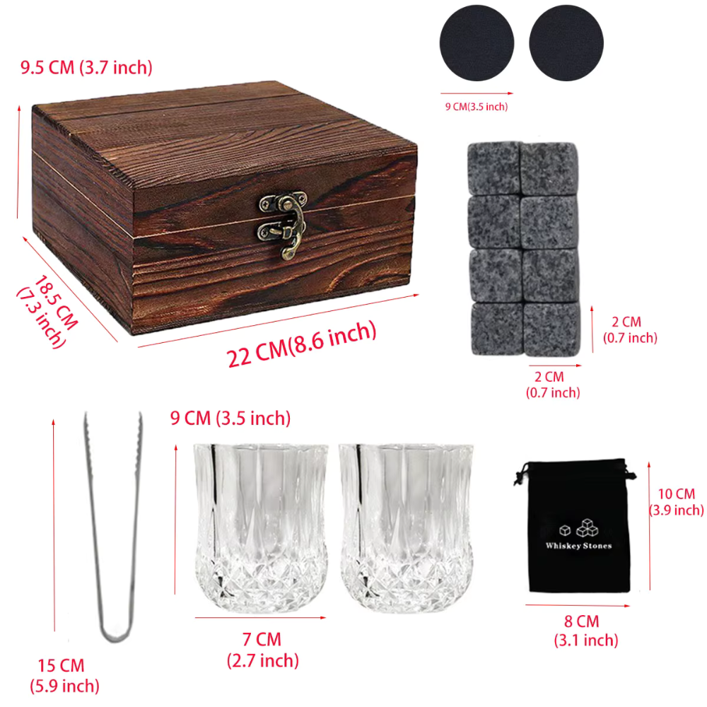 Whisky Glass Set With Granite Stones, Metal Tongs & Coasters - Gift Whiskey Glass Set
