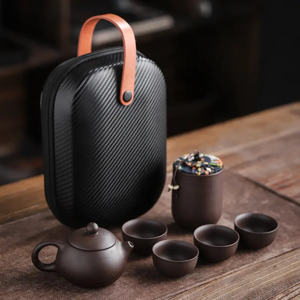 Clay Travel Tea Set With Portable Travel Case - 4 Cups, Tea Jar, Teapot