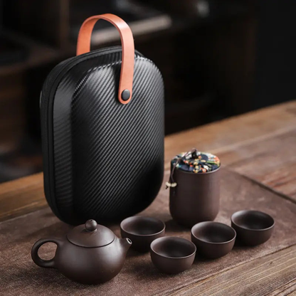 Clay Travel Tea Set With Portable Travel Case - 4 Cups, Tea Jar, Teapot