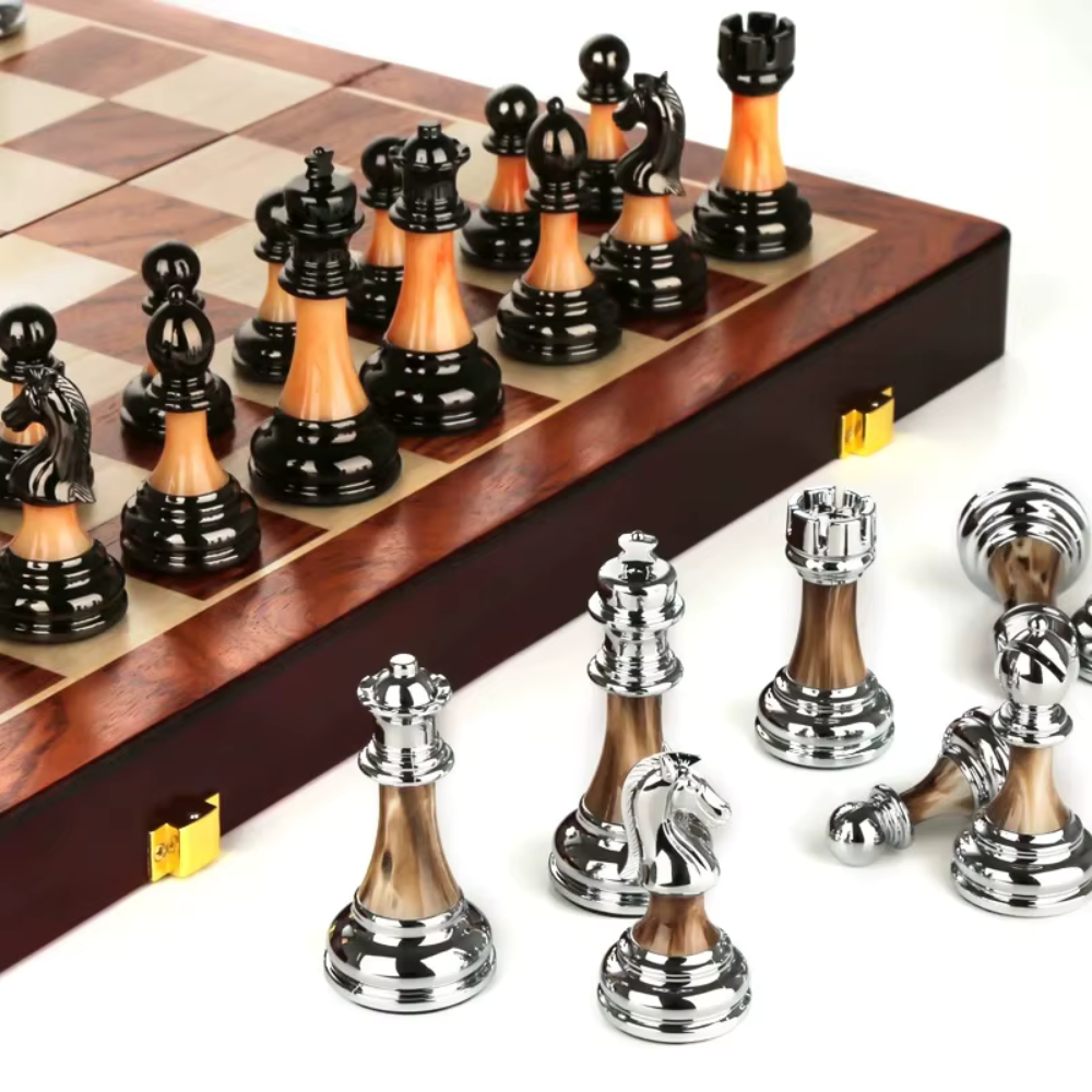 Wooden Chess Board - 45cm Large Foldable Set with Metal Pieces