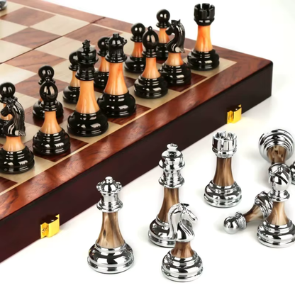 Wooden Chess Board - 45cm Large Foldable Set with Metal Pieces