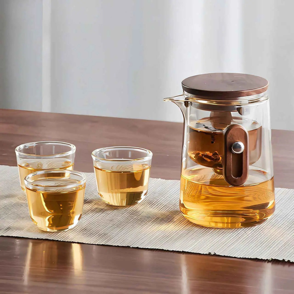 Travel Glass Tea Set, Portable Teapot Kettle With 3 Glass Cups & Travel Case