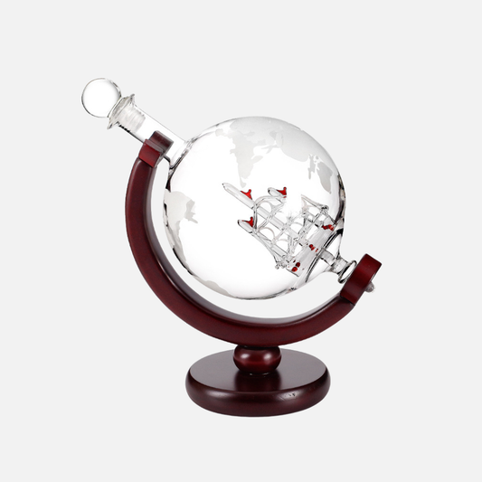 Golden Globe Glass Decanter With Glass Ship Inside - Wooden Stand