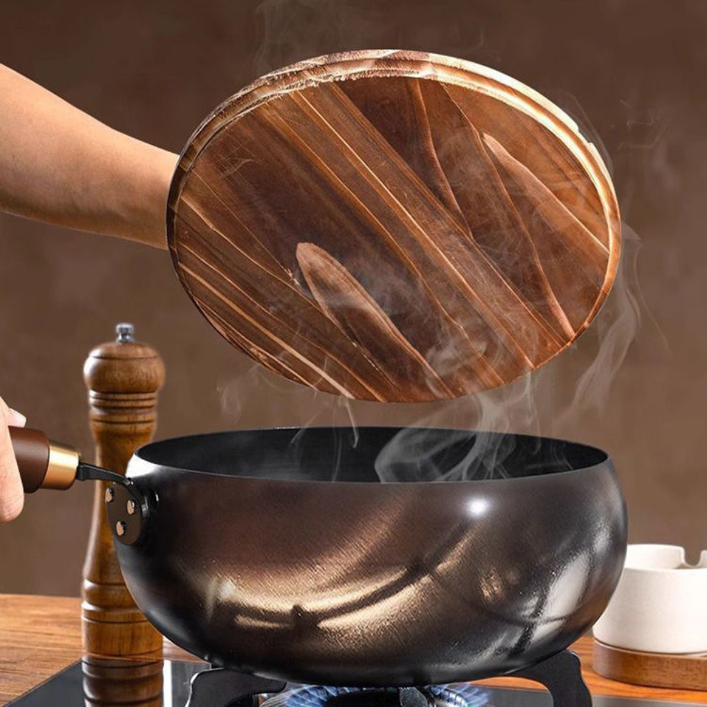 Refined Iron Big Pot Belly Uncoated Pan With Glass or Wooden Lid - Even Heat Frying Kitchen Cookware