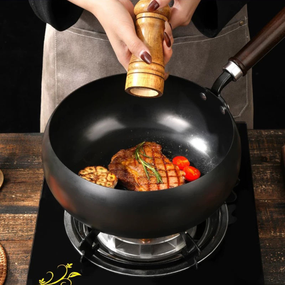 Refined Iron Big Pot Belly Uncoated Pan With Glass or Wooden Lid - Even Heat Frying Kitchen Cookware